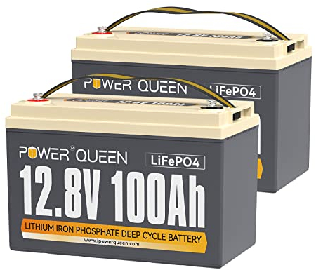 Power Queen 2 Pack 12,8V 100Ah LiFePO4 Akku Eingebaute 100A BMS Lithium-Batterie LiFePO4 100Ah 2560Wh 4000+ Zyklen Reihe/Parallel für Solaranlage Home System Wohnmobil Autarkes Leben Trollihng-Motor