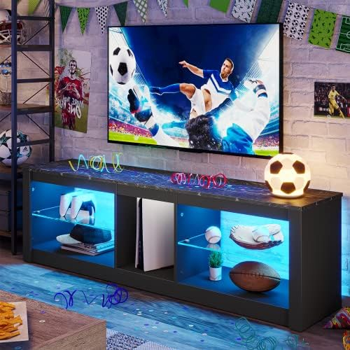 Bestier TV Stand Cabinet 140CM Modern TV Unit with Glass Shelf RGB LED Lighted for 55/65 TVs TV Entertainment Unit with Ambient Lights (Black Marble, Black Marble)