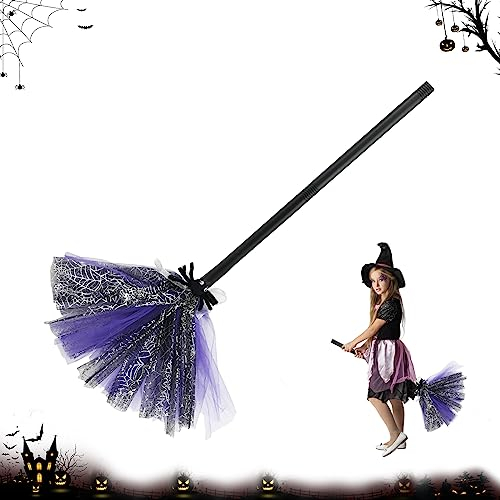 GLAITC Escoba de Bruja de Halloween,80 cm Escoba de Bruja,Púrpura Escoba de Halloween Decoración de Halloween Accesorios de Escoba de para Fiesta de Disfraces de Halloween