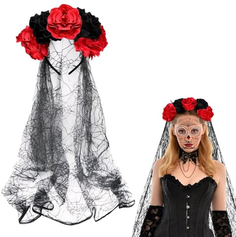 CLDURHGE Tag der Toten Schleier Halloween, Rose Floral Crown Schleier Tiara mit Schleier Rot-Schwarz Halloween-Kostüm mexikanischen Stirnband für Festival Carnival Party