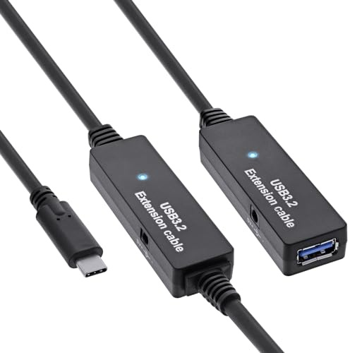InLine USB 3.2 Gen.1 Aktiv-Verlängerung, USB-C Stecker an USB-A Buchse, Reapter-Kabel mit Signalverstärkung, lange Distanzen, für Festplatten, Drucker, Webcams, Tastaturen und mehr, 10m, 35655D