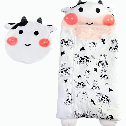 Nalexmi Happy Sleeping Bag, Kids Sleeping Bag with Pillow for Girls, Boys, Kids, Animal Sleepy Sack, Comfy, Cozy, Slumber, Soft Pillow, Warm Cotton Plush, Size 68‘’*24‘’, White Cow