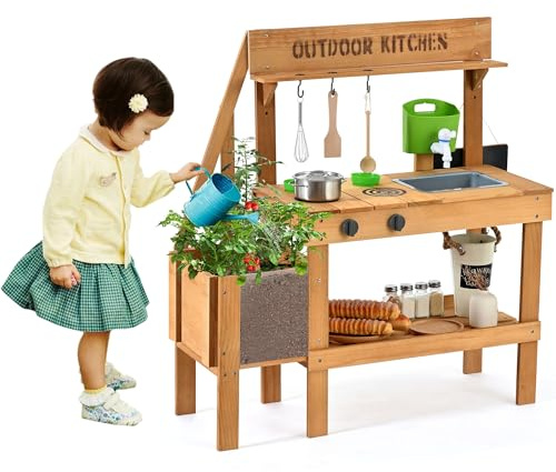 Aoparts Mud Kitchen for Kids Outdoor, Wood Play Kitchen with Planter Box, Toddler Sink, Faucet, Blackboard, Water Cup and Accessories