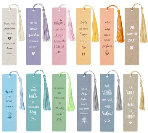BETESSIN 12x Lesezeichen Papier - Motivations Lesezeichen mit Inspirierenden Sprüchen und Quasten - Geschenke für Schüler, Lehrer, Buchliebhaber, und Mitgebsel für Buchhandlungen