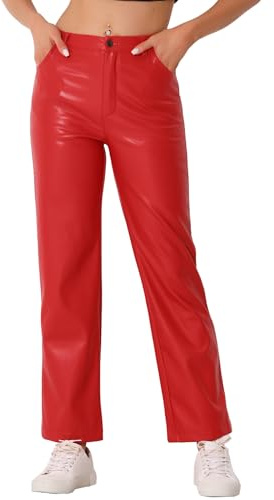 Allegra K Pantalones de Cuero Sintético para Mujer de Talle Alto Perneras Rectas Pantalones Casual PU Punk Rojo XL