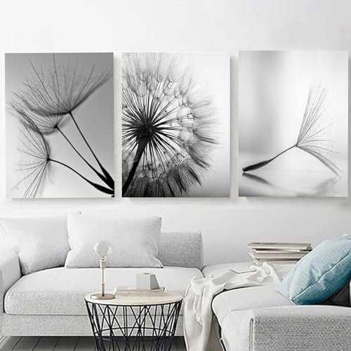 HEHGVCF Leinwand Bilder 3er Set Schwarz Weiß,Blumen Pusteblume Bilder,Schwarz Weiss Bilder Wohnzimmer Schlafzimmer Deko Ohne Rahmen (C,40 x 60cm)