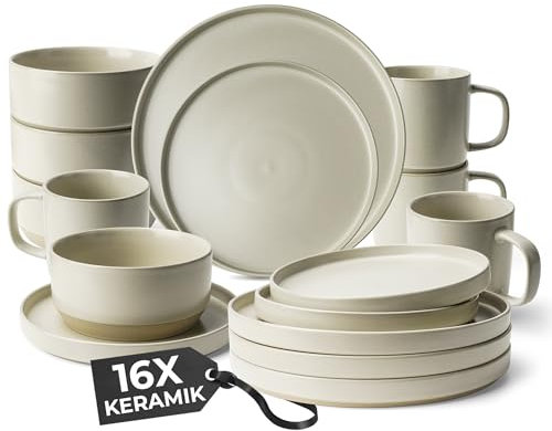 MIAMIO – Ensemble de Vaisselle pour 4 Personnes/Ensemble de 16 Pièces en Grès Beige/Convient au Lave-Vaisselle et au Micro-Ondes - Collection Sierra (Clair, Service de vaisselle (16x))