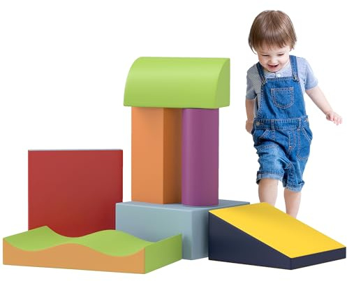Soozier 7 Piece PU Leather Soft Play Climbing for Toddlers, Baby Colorful Soft Play Gym Toys Indoor, Modular Crawling & Climbing Play Set for 1-3 Years, Contemporary