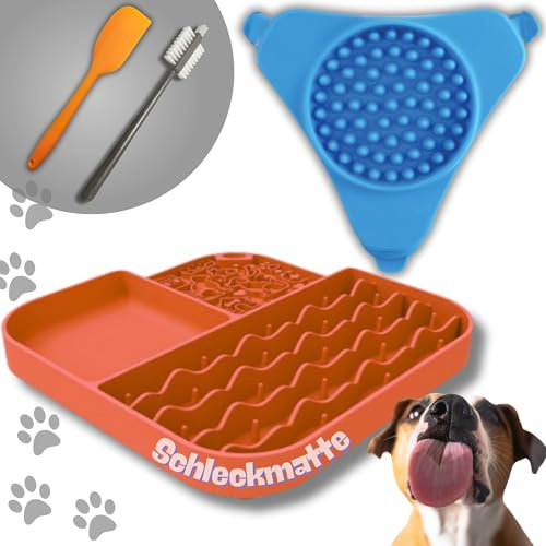 Silikonmatte Leckmatte Hund, 2 Stück Schleckmatte Hund mit Schwarze Spatel und Bürste Slow Feeder Hunde Leckmatte für Baden, Fellpflege