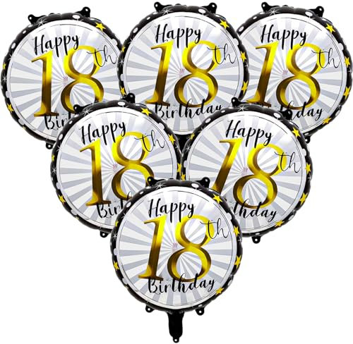Yiran Luftballons 18 Geburtstag Deko Junge Mädchen, 18 Zoll 'Happy 18th Birthday Folienballon, 6 Stück Geburtstag Schwarz Gold Deko Helium Ballon für 18.Geburtstagsdeko Jubiläum Party Deko