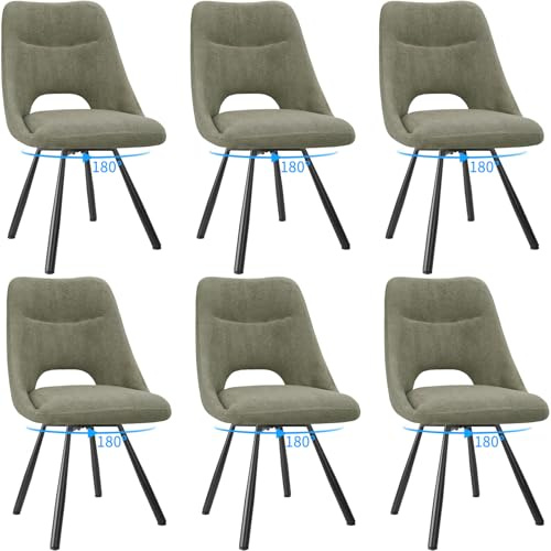 FRUOGO 6er Set Esszimmerstühle, 180° drehbarer Küchenstuhl, Frisiertischstühle aus Baumwoll-Kaschmirimitat, moderner gepolsterter Wohnzimmerstuhl mit Metallfüßen, Graugrün