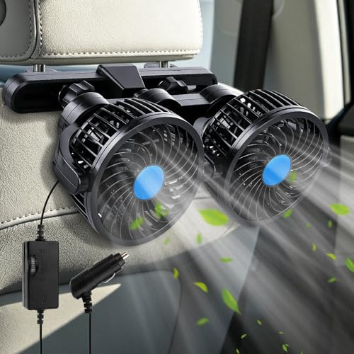 Mineup Auto Ventilator für Rücksitz, 12V Doppelkopf-Autolüfter Kühlung, Doppelkopf Autolüfter Gebläse mit 3 Geschwindigkeiten, Ventilator für Auto, 360° Drehbarer Leise Lüfter für Auto/SUV/RV