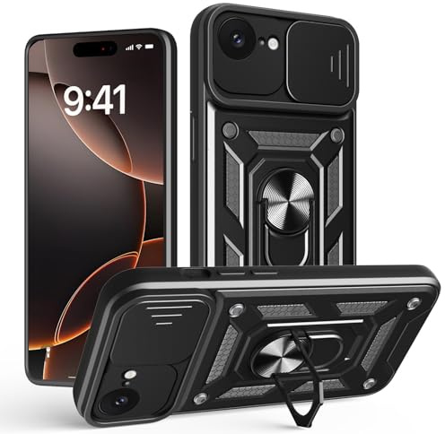 for Iphone 16e Phone Case, Shockproof Case with Camera Lens Protection, Protective Ring Armour Cover [Kickstand], Phone Case for Apple iPhone 16e - Black