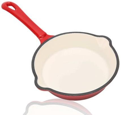Jwthee Poêle en fonte, grande poêle en fonte émaillée, friture en fonte émaillée, double couche, surfaces non stables, longue poignée stable