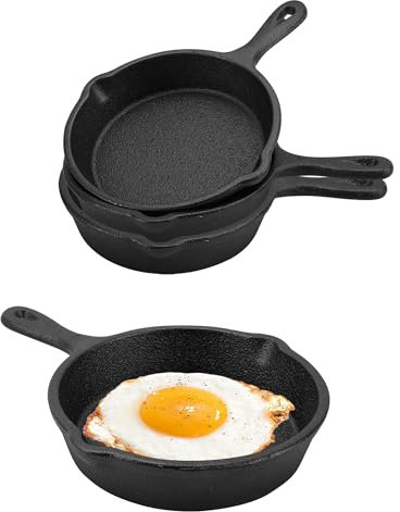 YKUKIZEE 3 Pack 4 inch Mini Cast Iron Skillet with Double Drip-Spouts, 10 cm Small Cast Iron Pan Black, Round Mini Irons Egg Skillet for Frying Oven Grill