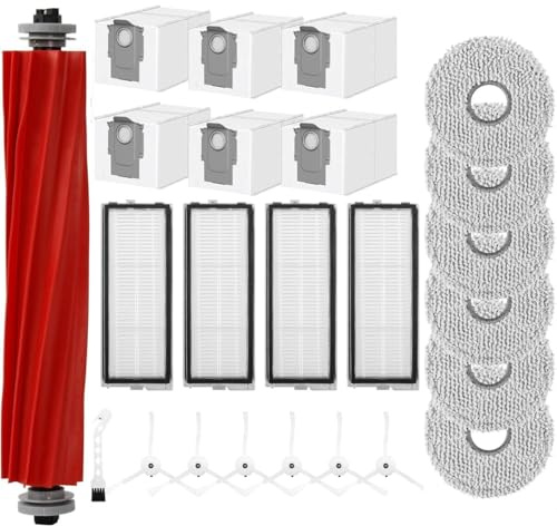 24 Stück Zubehörset für Roborock Qrevo Pro/Qrevo S/Qrevo MaxV Saugroboter, 1 Hauptbürste 6 Staubbeutel 6 Wischtücher 4 Filter 6 Seitenbürsten 1 Reinigungsbürste Ersatzteile