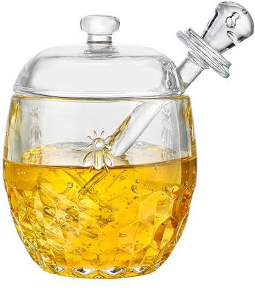 204ml Honigglas mit Deckel & Löffel – luftdichter Spender für Küche & Tisch | Honigglas aus Kristallglas, 2 Löffel, breite Öffnung, luftdicht. Für Honig, Sirup & Marmelade. Küche, Frühstück, Geschenk.