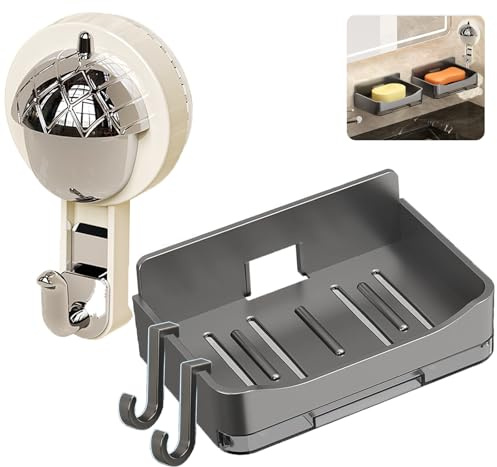 2er Pack Seifenschale & Saugnapf Haken, Seifendose mit Ablauf für Badezimmer, Seifenschwammhalter zur Wandmontage mit 2 Haken, Seifenhalter dusche, Seifenbox für Dusche,Badezimmer,KüChe, Fenster,Kranz