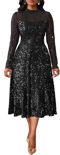 VERWIN Abito da donna scintillante con scollo rotondo a maniche lunghe, linea A, per feste di fine anno, cocktail, midi con paillettes, con tasche, Nero , L