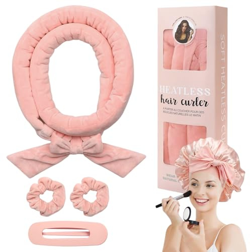Ferro Arricciacapelli Senza Calore Bigodino Lungo per Boccoli con Cappuccio Arricciacapelli Senza Calore per Onde Naturali per Donne con Capelli Medi Lunghi (Rosa)