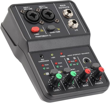 Plyisty Consola de Mezcla de Sonido Compacta USB 48V Power Power Con 2 Canales, Resolució Dede Alta Precisión de 16 Bits 48 KHz, Fuente de Alimentación USB, Diseño Portátil Pequeño,