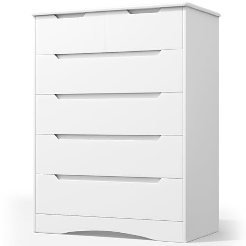 Blishom Kommode mit 6 Schubladen, Kommode Weiß, Komodenschrank für Büro, Wohnzimmer, Schlafzimmer, Flur, Möbel, 110 x 70 x 40 cm