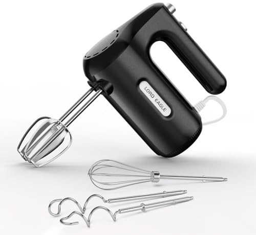 Lord Eagle 5-Speed Small Hand Mixer Electric Whisk, 300W Compact Portable | Kitchen Handheld Mixer Egg Beater with 5 Attachments & Storage Bag, Cake Supplies for Bread Dough Baking Lightweight, Black