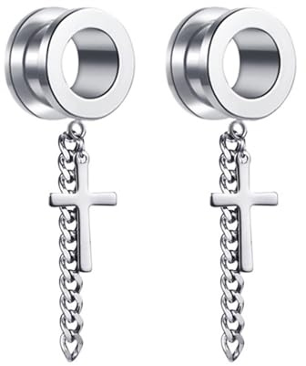 BWDHJLEY Juego de 2 tapones de calibre de acero inoxidable, túneles plateados con cruz colgante, túneles de perforación de oreja para hombres y mujeres