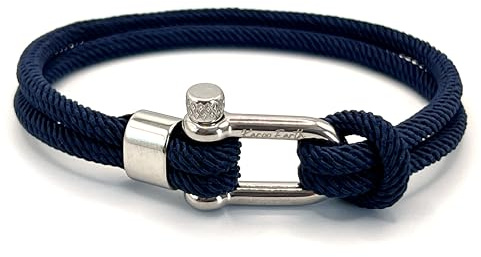 KAROO EARTH JEWELLERY Men's Nautical Rope Bracelet, Durable Nylon Marine Rope | Bracelet with stainless steel D-shackle | Mens Double Strand Sailing rope bracelet (Navy Blue, 21c (Average Wrist))