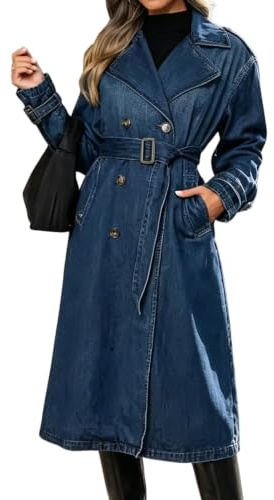 Cappotto lungo da donna in denim, doppiopetto con cintura, giacca spolverino autunnale in jeans, blu, taglia XL