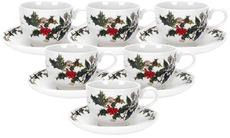 Portmeirion The Holly & Ivy Tea Cup and Saucer, Ceramic, Multi-Colour, Set of 6