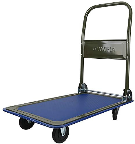 Olympia Tools 85-180 136 kg hopfällbar rullande flatbäddsvagn handplattform lastbil pushdocka för lastning, olivgrön med blå stötfångare