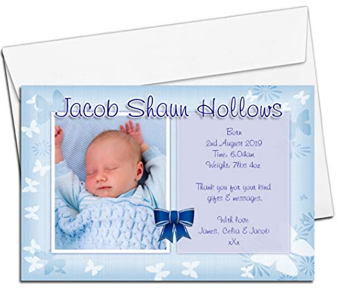 10 Personalised Baby Boy Birth Announcement Christening Thank You Photo Cards N75 Any Text