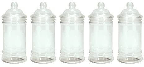 Britten & James Pack of 5 Clear Plastic Jars with Victorian Style Lids 500ml. Storage containers for Sweets, Candy, Supplements, Gifts and Coins. Ideal for Parties, Birthdays, Weddings etc.