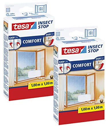 tesa Insect Stop COMFORT Fliegengitter Fenster - Insektenschutz mit Klettband selbstklebend - Fliegen Netz ohne Bohren (100 cm x 100 cm, 2er Pack/Weiß (Leichter Sichtschutz))