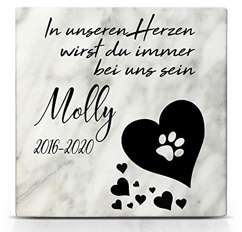 TULLUN Individueller Personalisierter Weißer Natur Marmor Gedenkstein für Hunde, Katze und andere Haustiere - Größe 10 x 10 cm - Schwarzes Herz