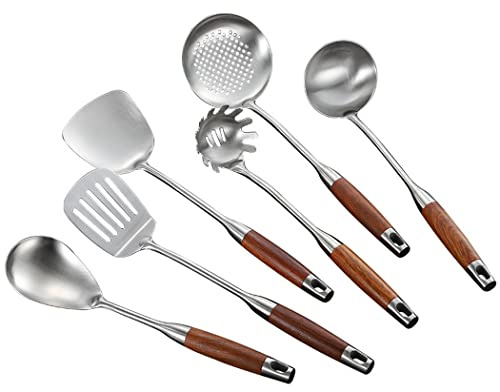 Abcsea 6 Pièces Set de Cuisine Inox avec Cuillères, Spatules et Ustensiles, Manche Stratifié en Poirier