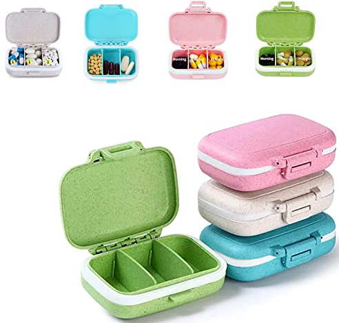 4 Stück Pillendose Klein für Unterwegs, 4 Farben Pillenbox, Pillenbox Tablettendose, 3 Fächer Pillendose Klein Tablettenbox, Vitamine Medizin Tablet Organizer, Tablettendose für Unterwegs, Reisen