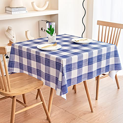 Blue Plaid Table Cloth, BOJVESH Wipeable PVC Plastic Gingham Tablecloth, Oil-Proof Waterproof Table Cover Wipe Clean Table Protector for Kitchen Tabletop Picnic Weddings Birthday (140 x 140 cm)