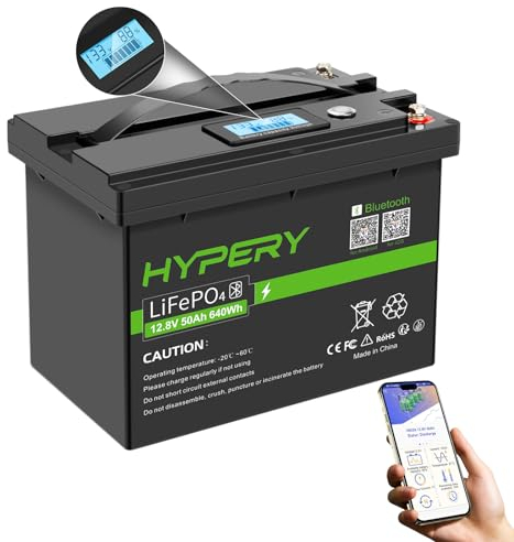 Smart 12V 50Ah LiFePO4 Batterie mit Bluetooth, LED-Display, Startschalter und BMS, perfekte Lithium Batterie für Wohnmobile, Golfwagen, Boote und Energiespeicher zu Hause