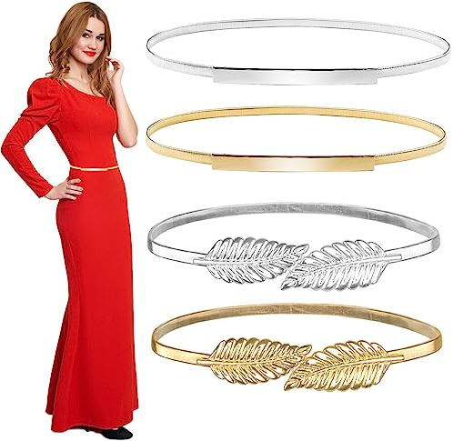 Forreen Stretchgürtel Damen, 4 Stück Elastischer Gürtel Metall Interlock Schnalle Verstellbarer Dünner Ledergürtel Stilvoll Elegant Taillengürtel für Damen Kleid Jeans Hosen,60-90cm