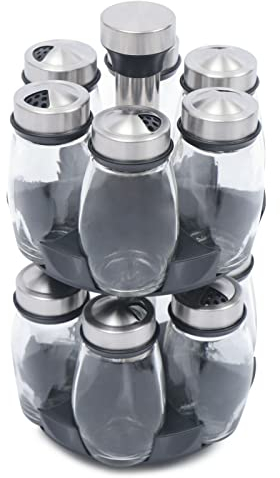 12 Jar Glass Spice Jars,Revolving Spice Rack Set with 360°Rotating Holder, Salt & Pepper Herb Shakers for Kitchen Cooking Oil Sugar