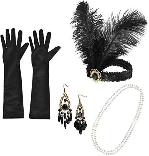 Balinco 20er Jahre Accessoires Damen Set, 4-teilig: Lange Perlenkette, schwarze Handschuhe, Ohrringe & Feder-Stirnband, Charleston Kostüm, Fasching