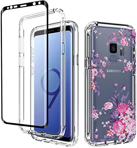 Yerebel Case for Galaxy S9 Case, Samsung S9 SM-G960U with Tempered Glass Screen Protector, Floral Design Shockproof Bumper Full Body Protective Cell Phone Cover for Samsung Galaxy S9 (Rose)