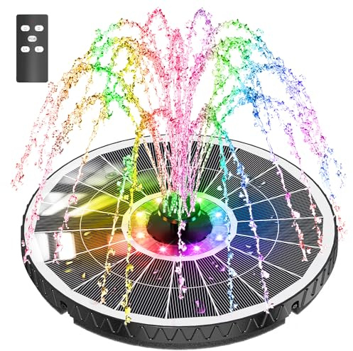 SZMP Solar Fountain 2025 Upgraded, 6W Remote Bird Bath Fountain, 4000mAh Solar Water Fountain Pump with 7 Nozzles & 4 Fixers, Colorful Lights for Garden, Pond, Pool, Outdoor-Adjust Water Height