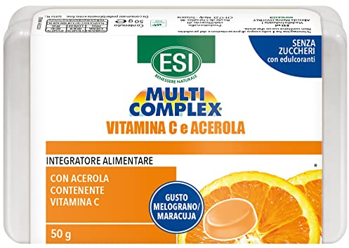 ESI - Multicomplex, Integratore Alimentare di Vitamina C e Acerola in Pastiglie, Supporta e Mantiene il Normale Funzionamento del Sistema Immunitario, Gusto Melograno e Maracuja, 50 gr