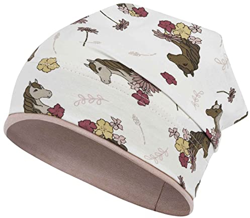 Smarilla Mädchen Mütze Übergangsmütze Beanie Pferde Katzen Punkte Frühling Herbst, Bekleidungsgröße: 54-56, Farbe: Creme-Puderrosa