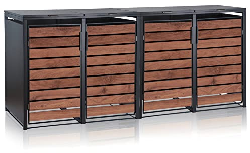 Zelsius Mülltonnenbox 4 Tonnen | 120-240 Liter | Anthrazit RAL 7016 | Tür in dunkelbrauner Holzoptik inkl. Erweiterungsmöglichkeit | Aufbewahrungsbox für Mülltonnen, Mülltonnenbox 4er