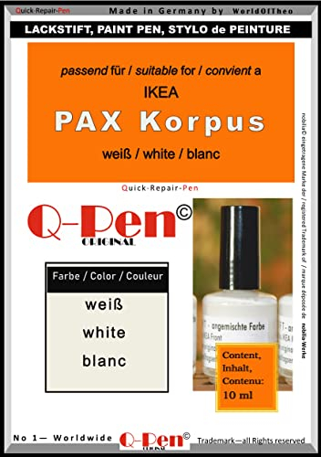 Q-Pen Original Lackstift für IKEA PAX Korpus Weiß, 10 ml Korrekturstift mit integriertem Pinsel, Satin-Finish, deckt Kratzer und Absplitterungen ab, geeignet für Türen, Regale und Paneele