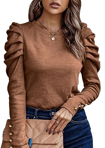 KONFEN Camicetta Donna Maglia Donna, Maglie Girocollo Maniche Lunghe con Polsino a Sbuffo, Maglietta Lunga Donna Eleganti Top vestibilità Slim per Autunno Inverno, Marrone XXL